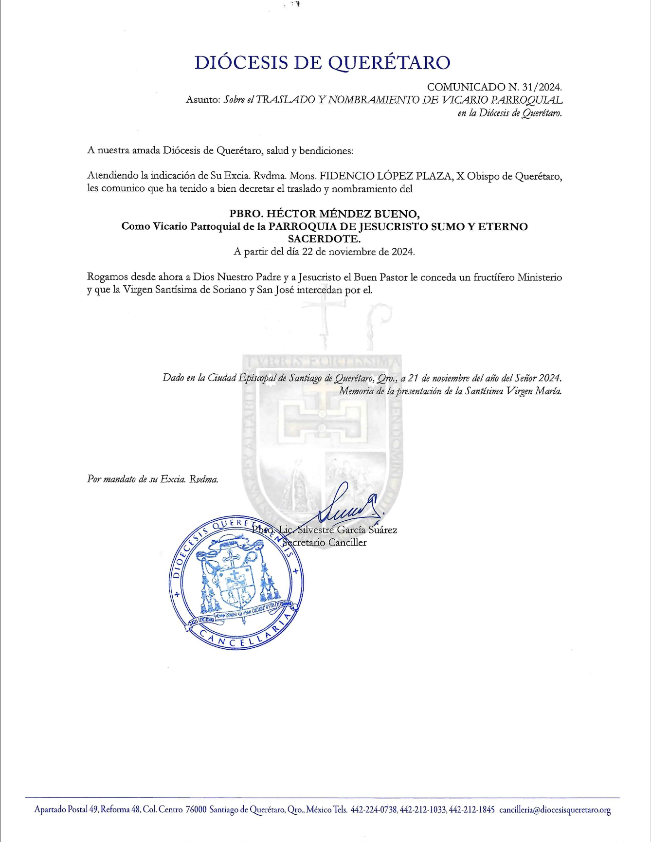 COMUNICADO N. 31/2024. Asunto: Sobre el TRASLADO Y NOMBRAMIENTO DE VICARIO PARROQUIAL en la Diócesis de Querétaro.